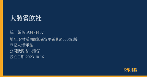 大發餐飲社的照片-統編 93471407(雲林縣) 公司登記資料與營業項目詳細圖表