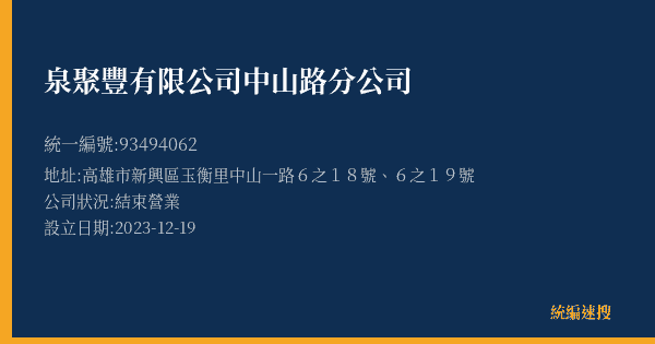 泉聚豐有限公司中山路分公司的照片-統編 93494062(高雄市) 公司登記資料與營業項目詳細圖表
