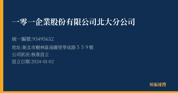 一零一企業股份有限公司北大分公司的照片-統編 93495652(新北市) 公司登記資料與營業項目詳細圖表