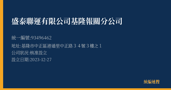 盛泰聯運有限公司基隆報關分公司的照片-統編 93496462(基隆市) 公司登記資料與營業項目詳細圖表