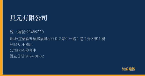 具元有限公司的照片-統編 93499550(宜蘭縣) 公司登記資料與營業項目詳細圖表