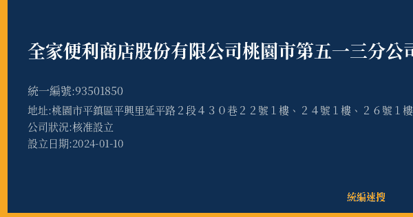 全家便利商店股份有限公司桃園市第五一三分公司的照片-統編 93501850(桃園市) 公司登記資料與營業項目詳細圖表