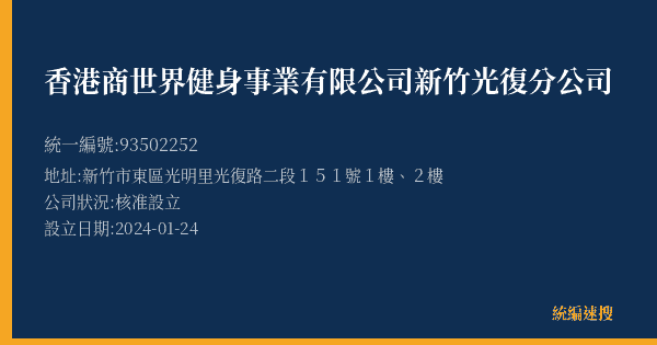 香港商世界健身事業有限公司新竹光復分公司的照片-統編 93502252(新竹市) 公司登記資料與營業項目詳細圖表