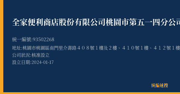 全家便利商店股份有限公司桃園市第五一四分公司的照片-統編 93502268(桃園市) 公司登記資料與營業項目詳細圖表