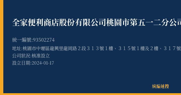 全家便利商店股份有限公司桃園市第五一二分公司的照片-統編 93502274(桃園市) 公司登記資料與營業項目詳細圖表