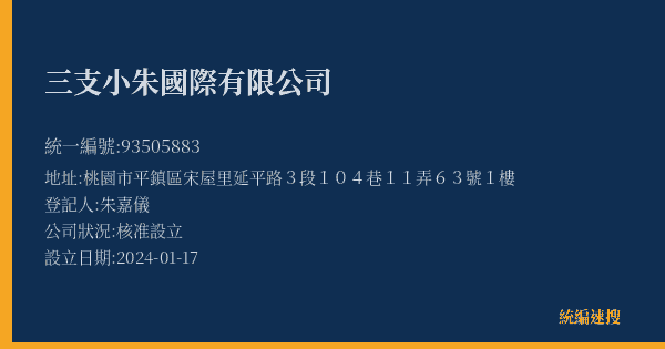 三支小朱國際有限公司的照片-統編 93505883(桃園市) 公司登記資料與營業項目詳細圖表