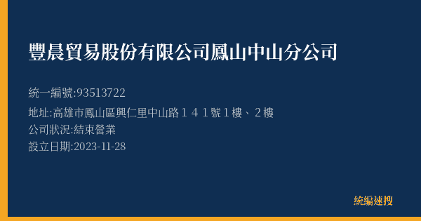 豐晨貿易股份有限公司鳳山中山分公司的照片-統編 93513722(高雄市) 公司登記資料與營業項目詳細圖表