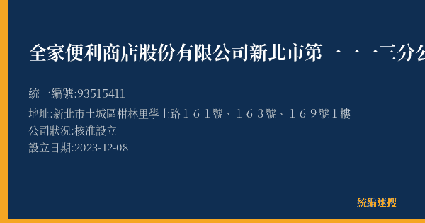 全家便利商店股份有限公司新北市第一一一三分公司的照片-統編 93515411(新北市) 公司登記資料與營業項目詳細圖表