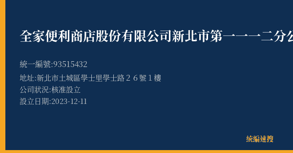 全家便利商店股份有限公司新北市第一一一二分公司的照片-統編 93515432(新北市) 公司登記資料與營業項目詳細圖表