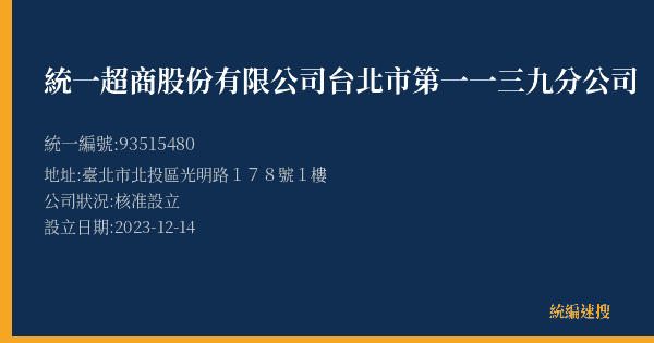 統一超商股份有限公司台北市第一一三九分公司的照片-統編 93515480(臺北市) 公司登記資料與營業項目詳細圖表