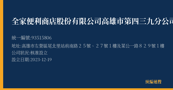 全家便利商店股份有限公司高雄市第四三九分公司的照片-統編 93515806(高雄市) 公司登記資料與營業項目詳細圖表
