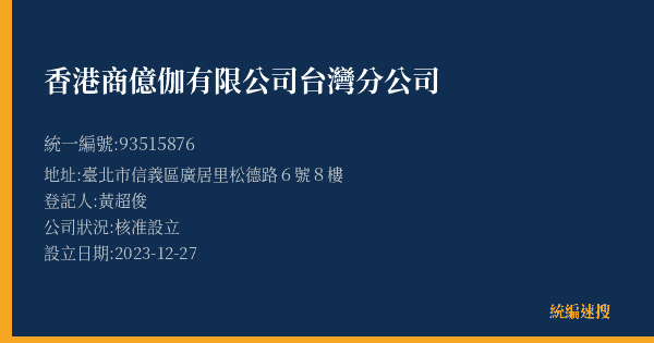 香港商億伽有限公司台灣分公司的照片-統編 93515876(臺北市) 公司登記資料與營業項目詳細圖表