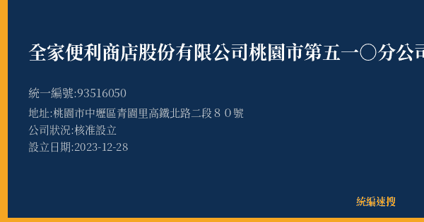 全家便利商店股份有限公司桃園市第五一○分公司的照片-統編 93516050(桃園市) 公司登記資料與營業項目詳細圖表