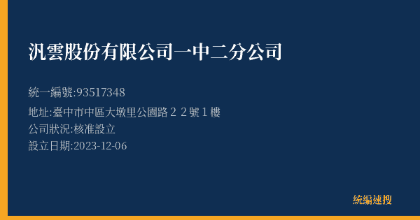 汎雲股份有限公司一中二分公司的照片-統編 93517348(臺中市) 公司登記資料與營業項目詳細圖表