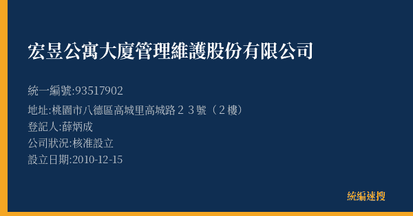 宏昱公寓大廈管理維護股份有限公司的照片-統編 93517902(桃園市) 公司登記資料與營業項目詳細圖表