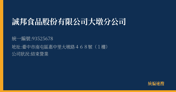 誠邦食品股份有限公司大墩分公司的照片-統編 93525678(臺中市) 公司登記資料與營業項目詳細圖表