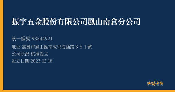 振宇五金股份有限公司鳳山南倉分公司的照片-統編 93544921(高雄市) 公司登記資料與營業項目詳細圖表