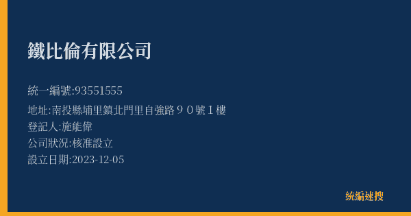 鐵比倫有限公司的照片-統編 93551555(南投縣) 公司登記資料與營業項目詳細圖表