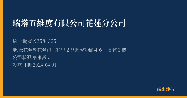 瑞塔五維度有限公司花蓮分公司的照片-統編 93584325(花蓮縣) 公司登記資料與營業項目詳細圖表