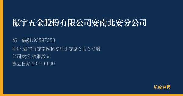 振宇五金股份有限公司安南北安分公司的照片-統編 93587553(臺南市) 公司登記資料與營業項目詳細圖表