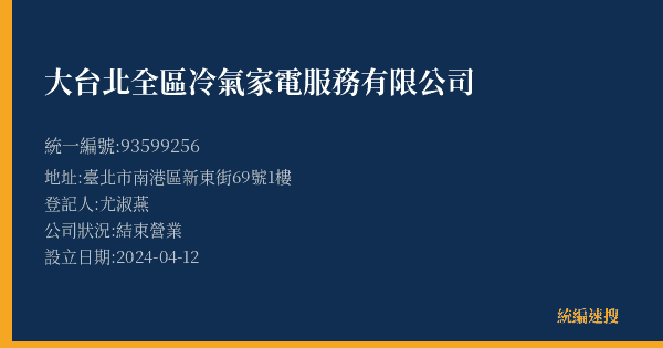 大台北全區冷氣家電服務有限公司的照片-統編 93599256(臺北市) 公司登記資料與營業項目詳細圖表