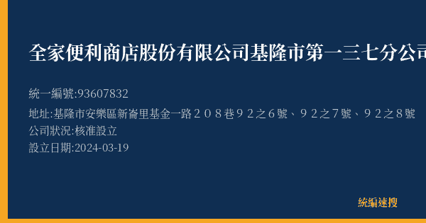 全家便利商店股份有限公司基隆市第一三七分公司的照片-統編 93607832(基隆市) 公司登記資料與營業項目詳細圖表