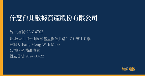 佇慧台北數據資產股份有限公司的照片-統編 93614762(臺北市) 公司登記資料與營業項目詳細圖表
