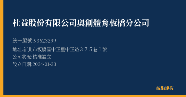 杜益股份有限公司奧創體育板橋分公司的照片-統編 93623299(新北市) 公司登記資料與營業項目詳細圖表