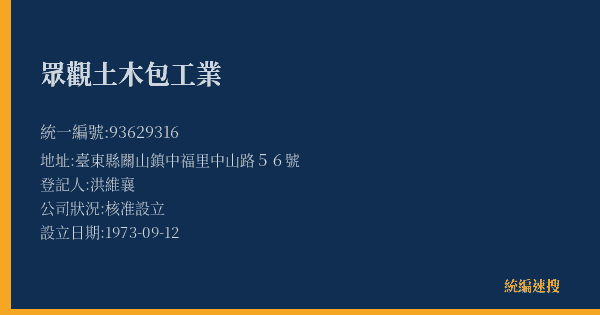 眾觀土木包工業的照片-統編 93629316(臺東縣) 公司登記資料與營業項目詳細圖表
