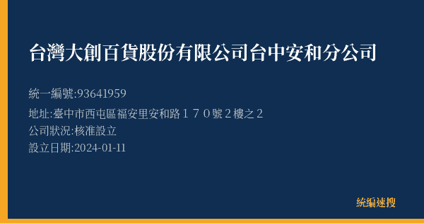 台灣大創百貨股份有限公司台中安和分公司的照片-統編 93641959(臺中市) 公司登記資料與營業項目詳細圖表