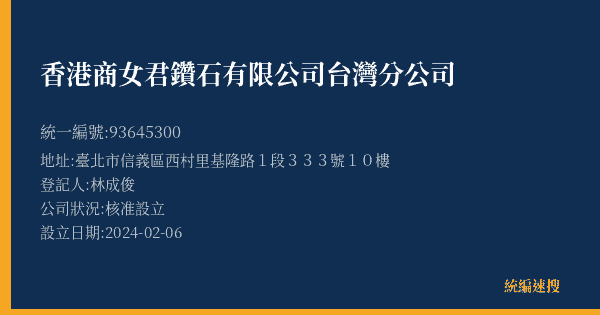 香港商女君鑽石有限公司台灣分公司的照片-統編 93645300(臺北市) 公司登記資料與營業項目詳細圖表