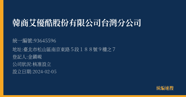 韓商艾優酷股份有限公司台灣分公司的照片-統編 93645596(臺北市) 公司登記資料與營業項目詳細圖表