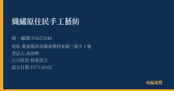 織繡原住民手工藝紡的照片-統編 93653146(臺東縣) 公司登記資料與營業項目詳細圖表