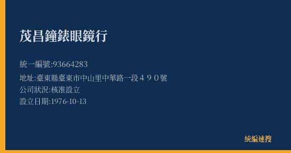 茂昌鐘錶眼鏡行的照片-統編 93664283(臺東縣) 公司登記資料與營業項目詳細圖表