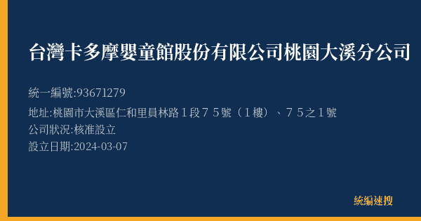 台灣卡多摩嬰童館股份有限公司桃園大溪分公司的照片-統編 93671279(桃園市) 公司登記資料與營業項目詳細圖表