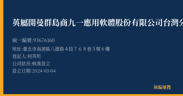 英屬開曼群島商九一應用軟體股份有限公司台灣分公司的照片-統編 93676160(臺北市) 公司登記資料與營業項目詳細圖表
