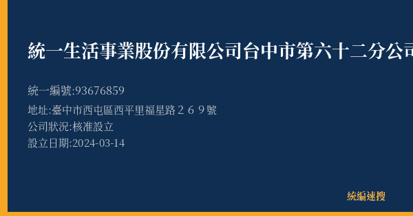 統一生活事業股份有限公司台中市第六十二分公司的照片-統編 93676859(臺中市) 公司登記資料與營業項目詳細圖表