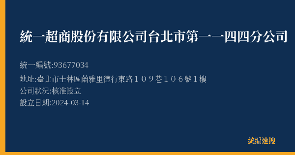 統一超商股份有限公司台北市第一一四四分公司的照片-統編 93677034(臺北市) 公司登記資料與營業項目詳細圖表