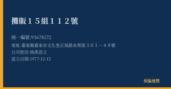 攤販15組112號的照片-統編 93678272(臺東縣) 公司登記資料與營業項目詳細圖表
