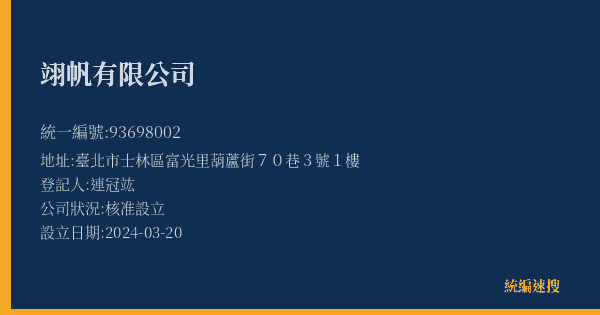 翊帆有限公司的照片-統編 93698002(臺北市) 公司登記資料與營業項目詳細圖表