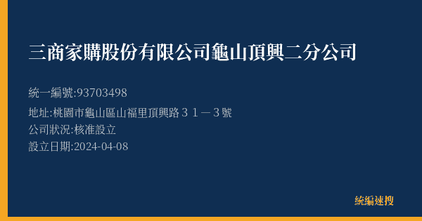 三商家購股份有限公司龜山頂興二分公司的照片-統編 93703498(桃園市) 公司登記資料與營業項目詳細圖表