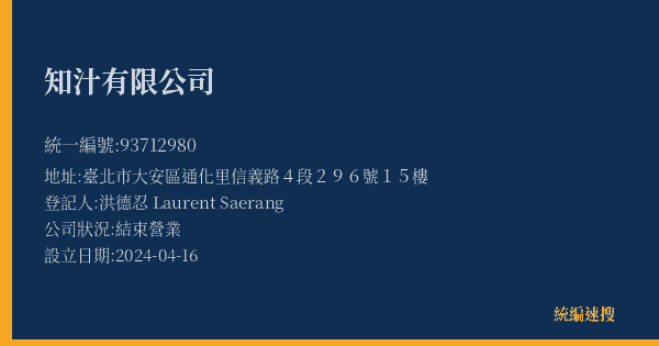 知汁有限公司的照片-統編 93712980(臺北市) 公司登記資料與營業項目詳細圖表