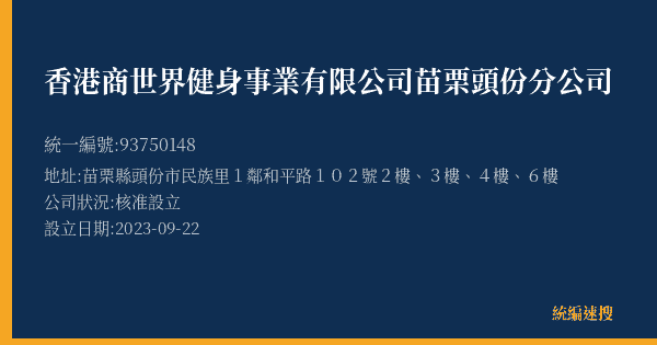 香港商世界健身事業有限公司苗栗頭份分公司的照片-統編 93750148(苗栗縣) 公司登記資料與營業項目詳細圖表