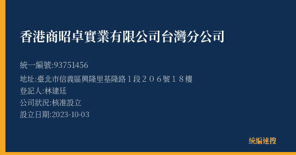 香港商昭卓實業有限公司台灣分公司的照片-統編 93751456(臺北市) 公司登記資料與營業項目詳細圖表