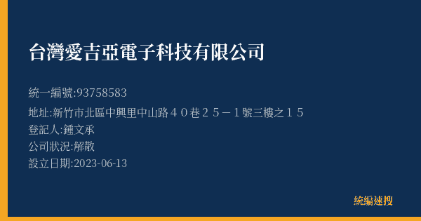 台灣愛吉亞電子科技有限公司的照片-統編 93758583(新竹市) 公司登記資料與營業項目詳細圖表