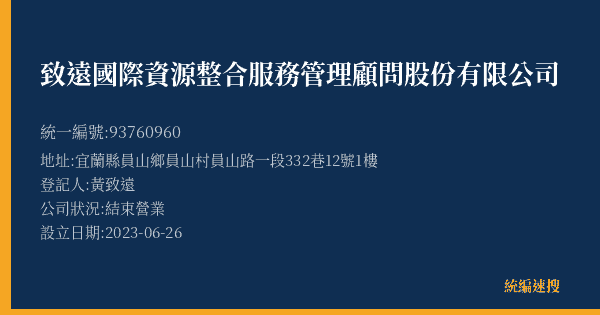 致遠國際資源整合服務管理顧問股份有限公司的照片-統編 93760960(宜蘭縣) 公司登記資料與營業項目詳細圖表