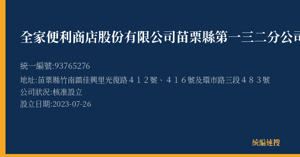 全家便利商店股份有限公司苗栗縣第一三二分公司的照片-統編 93765276(苗栗縣) 公司登記資料與營業項目詳細圖表