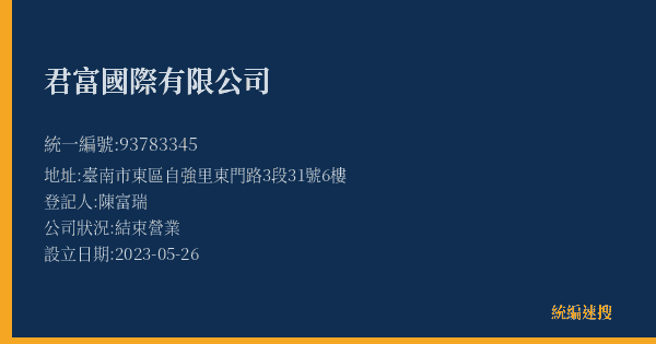 君富國際有限公司的照片-統編 93783345(臺南市) 公司登記資料與營業項目詳細圖表