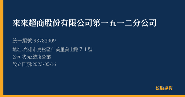 來來超商股份有限公司第一五一二分公司的照片-統編 93783909(高雄市) 公司登記資料與營業項目詳細圖表