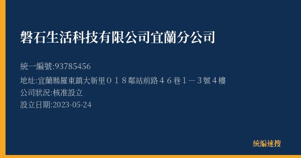磐石生活科技有限公司宜蘭分公司的照片-統編 93785456(宜蘭縣) 公司登記資料與營業項目詳細圖表